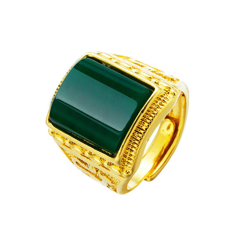 Kuningan berlapis emas murni pasir emas imitasi batu akik terbuka cincin pria, imitasi kalsedon cinc