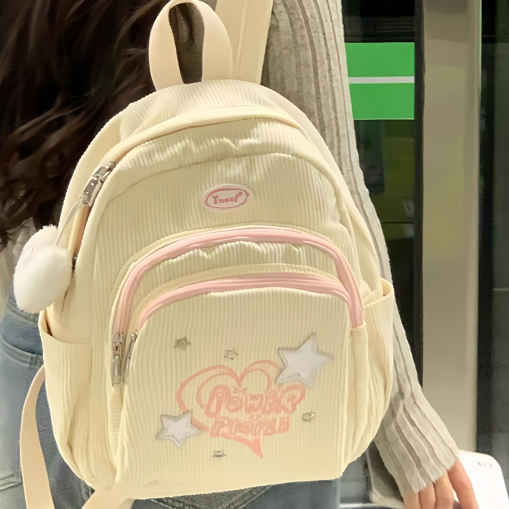 ZAHASHOP Ransel Corduroy Tas Ransel Sekolahtas Ransel Mini Y2k Putih Korduroi Tas Sekolah Kecil Kore