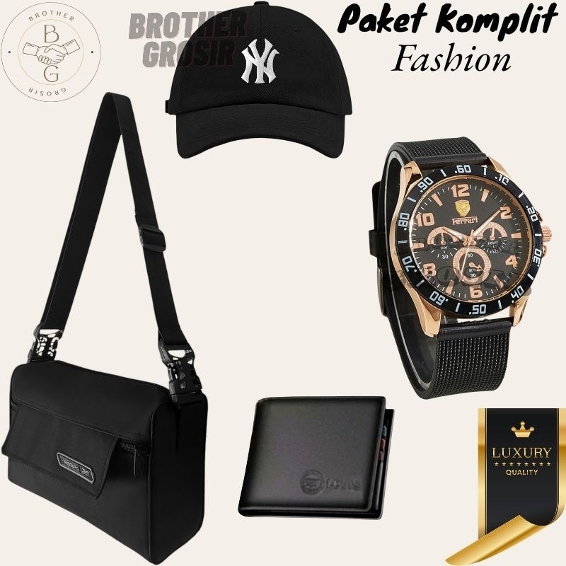 (PROMO PAKET PRIA TERKOMPLIT) 6 in 1/Jam Tangan Pria/ Jam Pria Keren Gratis Tas Selempang,Topi Distr