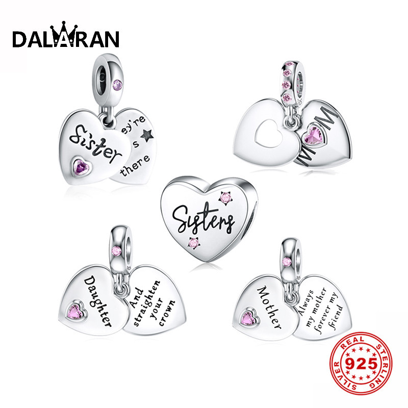 DALARAN Heart Shape 925 Sterling Silver Mom Daughter CZ Bead Charms Fit Original Pandora Bracelet Si