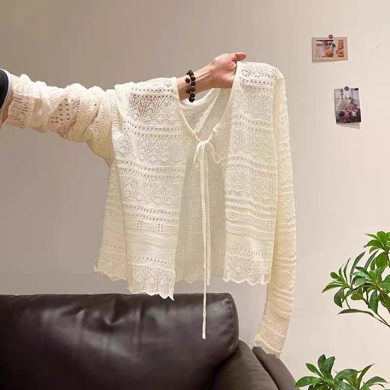 Apricot sweater rajut terbuka depan Lengan panjang wanita atasan pendek V-neck dengan tali pengikat 