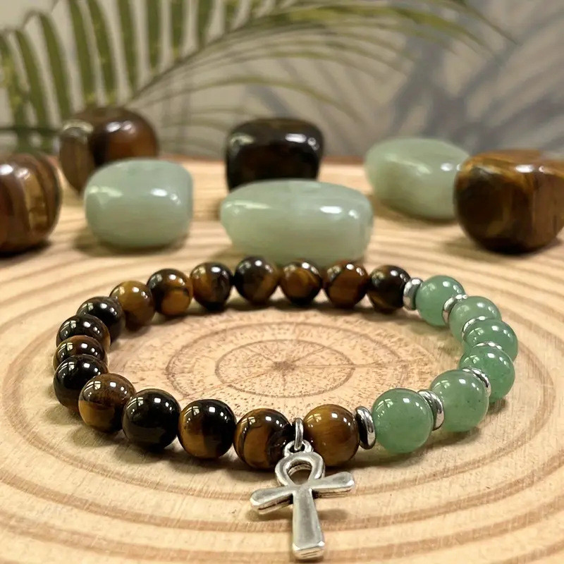 Gelang Harimau Eye Stone & Hijau Agarite Cross Bracelet Spot Grosir