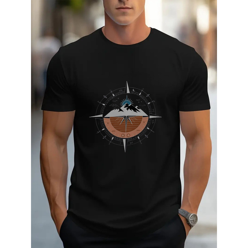 Kaos Pria 100% Cetakan Kompas & Gunung - Kaos Petualangan Luar Ruangan Lengan Pendek yang Bernapas d
