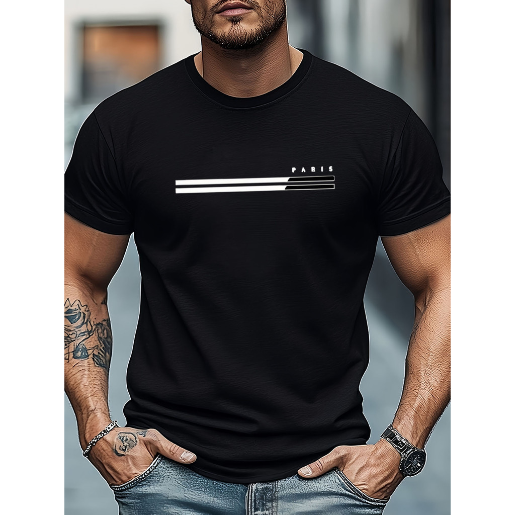 Kaos Pria Ukuran Besar Hitam & Putih Bergaris Terinspirasi Paris - Kaos Santai Lengan Pendek Leher B