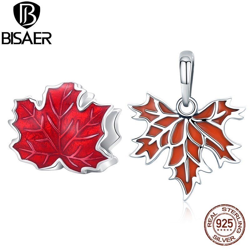 BISAER 100% 925 Sterling Silver Maple Leaf Charm Bead Red Pendant Fit Passionate Women DIY Necklace 