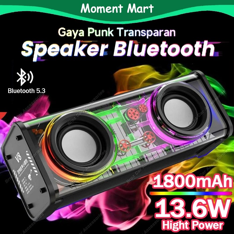 Giga Net Store 【13.6W】Bluetooth Speaker Double Subwoofer Music Speaker RGB LED Light  Transparent Cy
