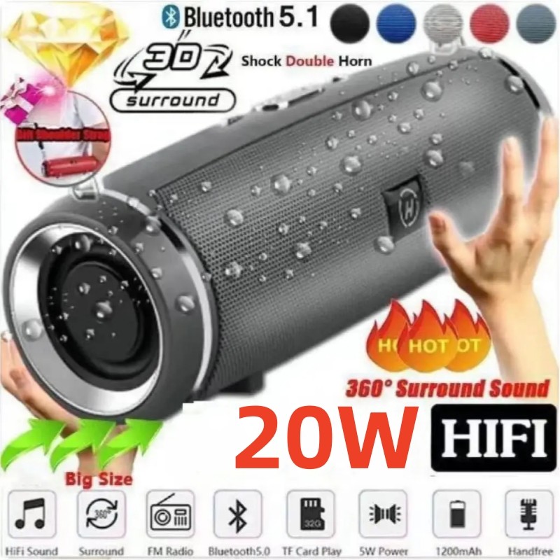 20W Portable Bluetooth Speaker IPX7 Waterproof Outdoor HIFI Pillar Speaker Subwoofer Stereo Speaker 