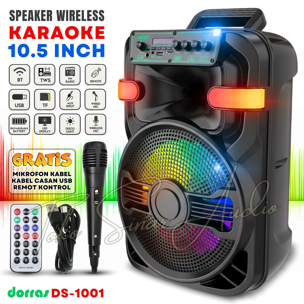 COD NEWW Speaker Aktif Bluetooth Full Bass 10.5 inch DORRAS DS-1001  + MIC KABEL + REMOT + CHARGER U