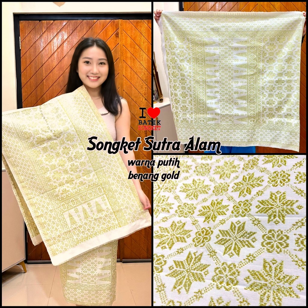 SONGKET SUTRA ALAM MOTIF 15 BENANG EMAS TENUN PALEMBANG MEDAN MINANG LEPUS PUTIH KREM