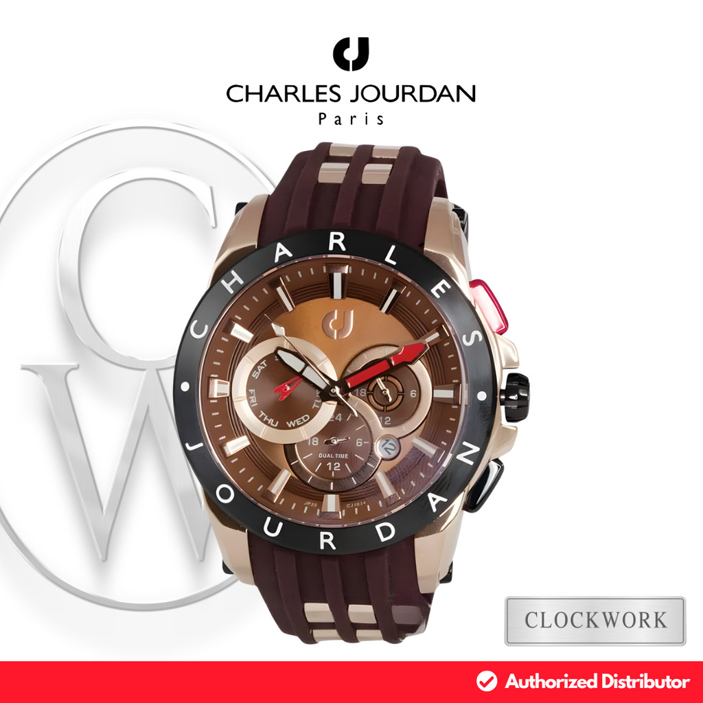 Jam Tangan Pria Charles Jourdan Chronograph CJ1034-1542MF Karet Sporty Casual Kombinasi Coklat dan R