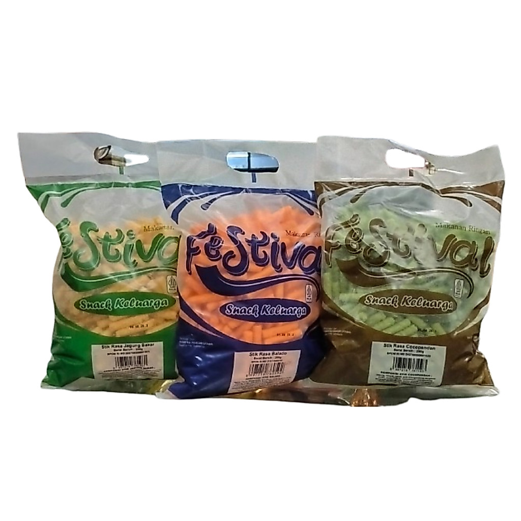 FESTIVAL STICK RASA BALADO/JAGUNG/COCOPANDAN/FESTIVAL SNACK BALS COKLAT/PACK 200GR