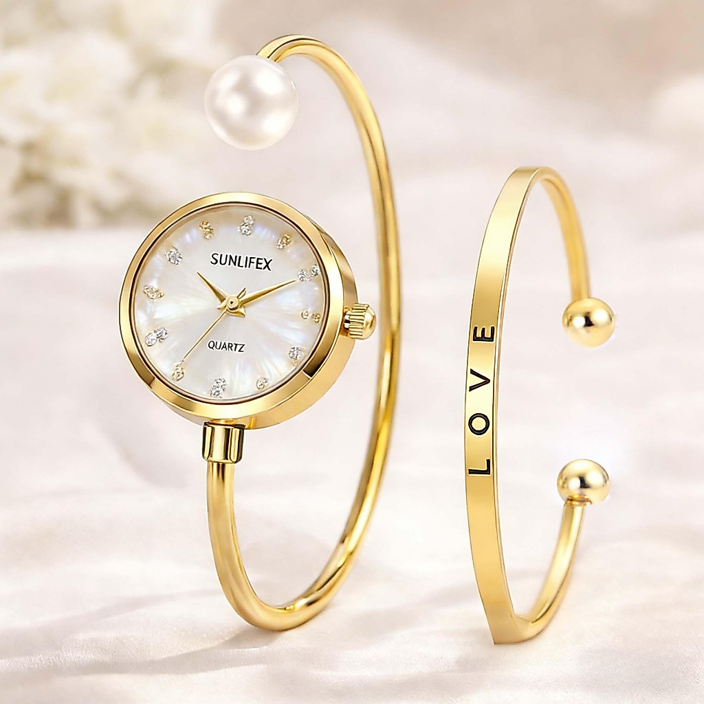 Jam Tangan Wanita + Gelang Jam Tangan Kuarsa Wanita Bulat Dial Kecil Pearl Gelang
