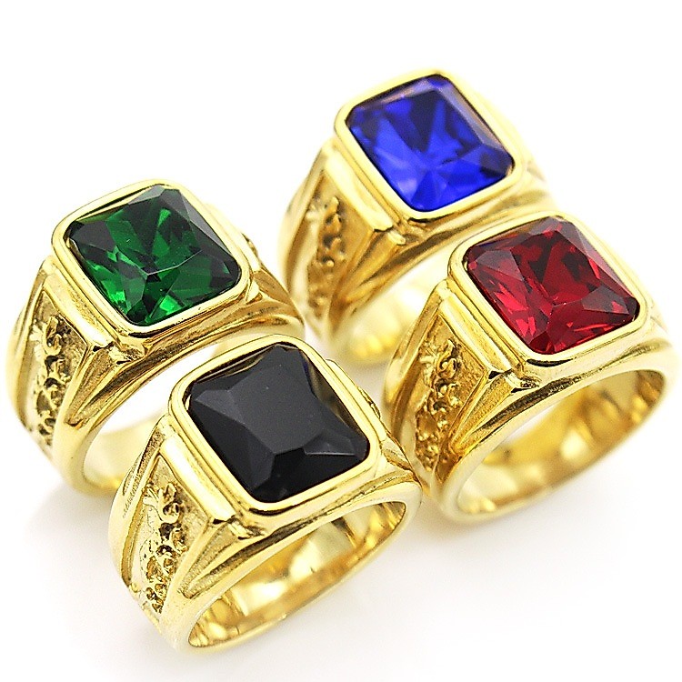 Cincin Pria Batu Berwarna Kotak Emas Relief Naga Desain Modern Elegan Mewah Gaya Klasik Fashion Hari