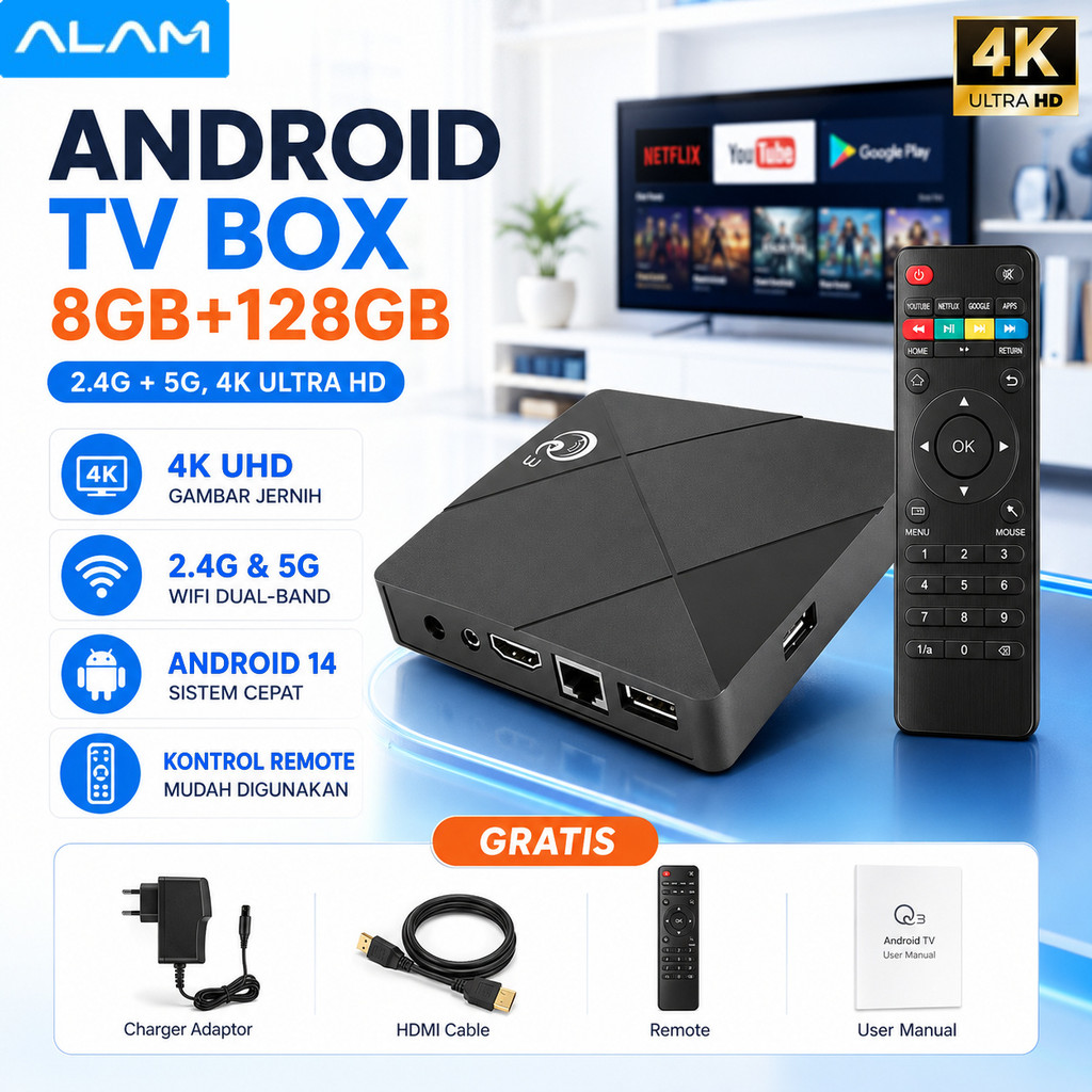 ALAM Q3 Android TV Box STB Android 14 16GB RAM 256GB ROM 4K HD 2.4G WiFi Unlock Chromecast Voice Sea