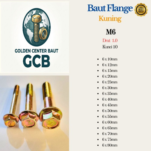 (10 Pcs) Baut Flange Kuning Ukuran M6 (Kunci 10) Lapis Galvanis