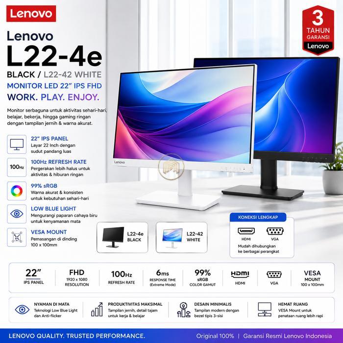 Monitor LED Lenovo L22-4e Black / L22-42 White 22 Inch IPS Full HD 100Hz 99% sRGB HDMI VGA VESA Low 