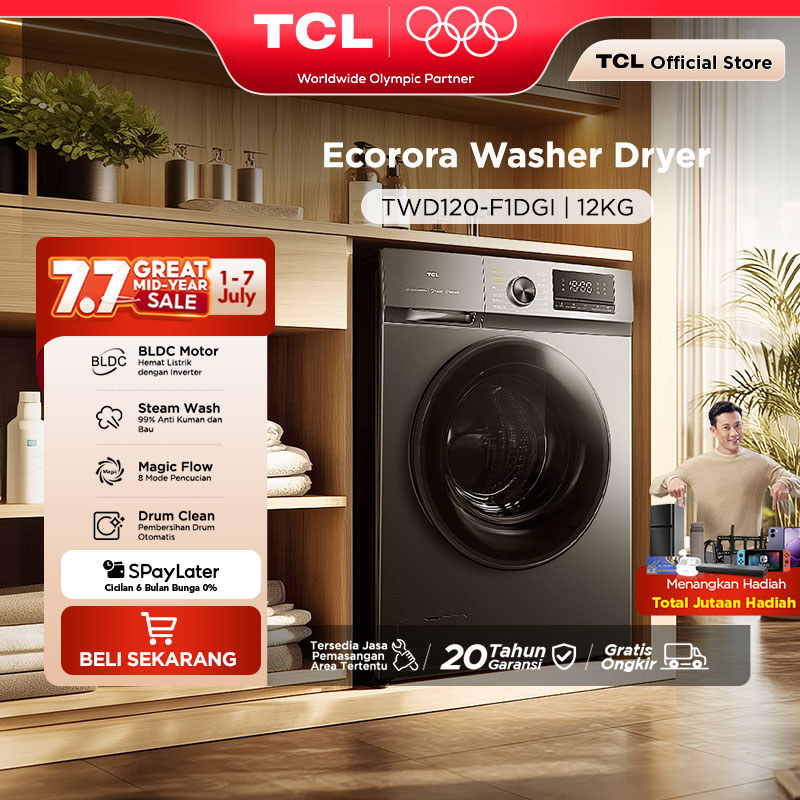 TCL Mesin Cuci Front Loading Washer Dryer 12kg C1 Series - 100% Kering - Steam Wash - BLDC Motor - K