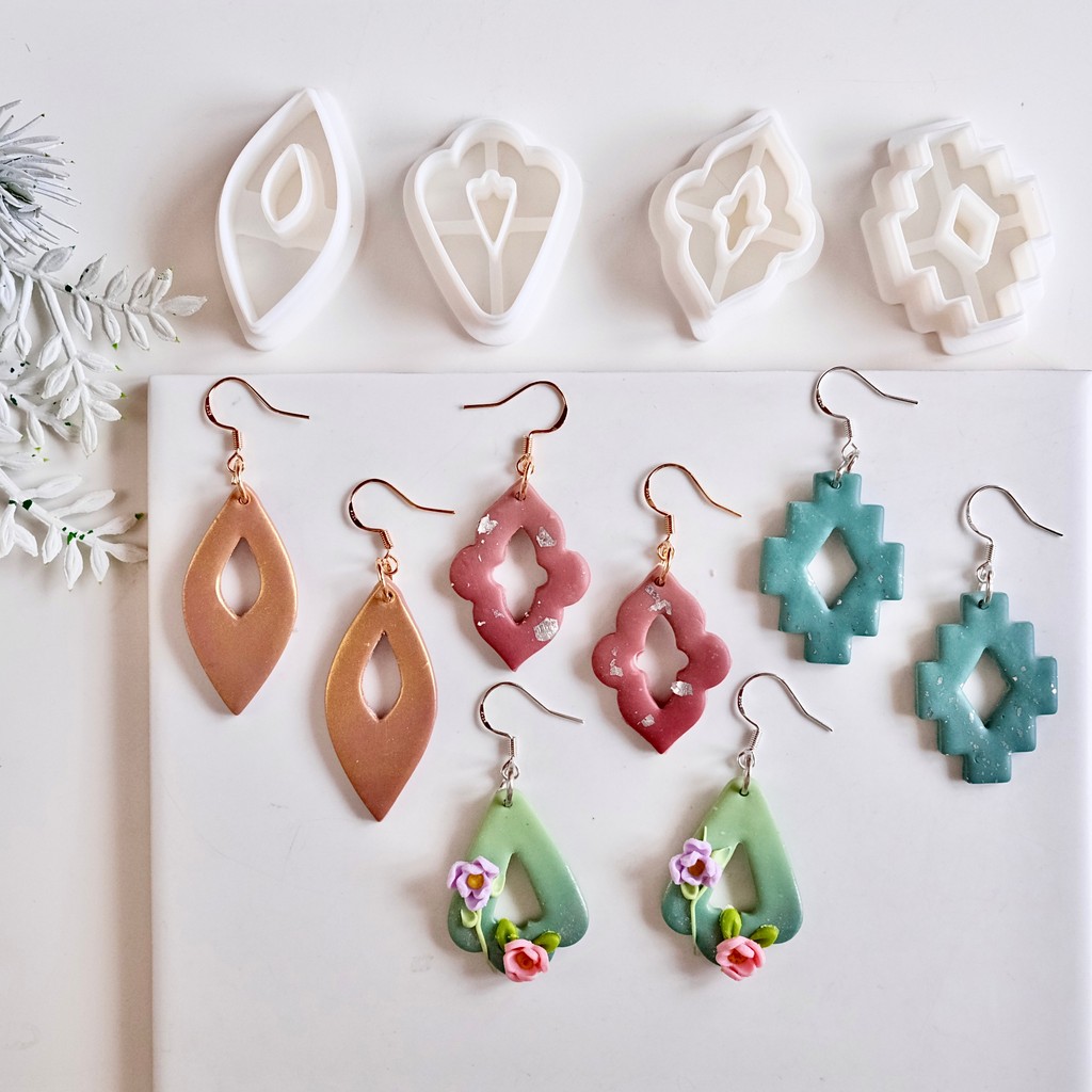 

Hollow Geometric Shape Polymer Clay Earring Cutters Boho Oval Heart Diamond Pattern Soft Pottery Dangle Clay Embossing Molds
