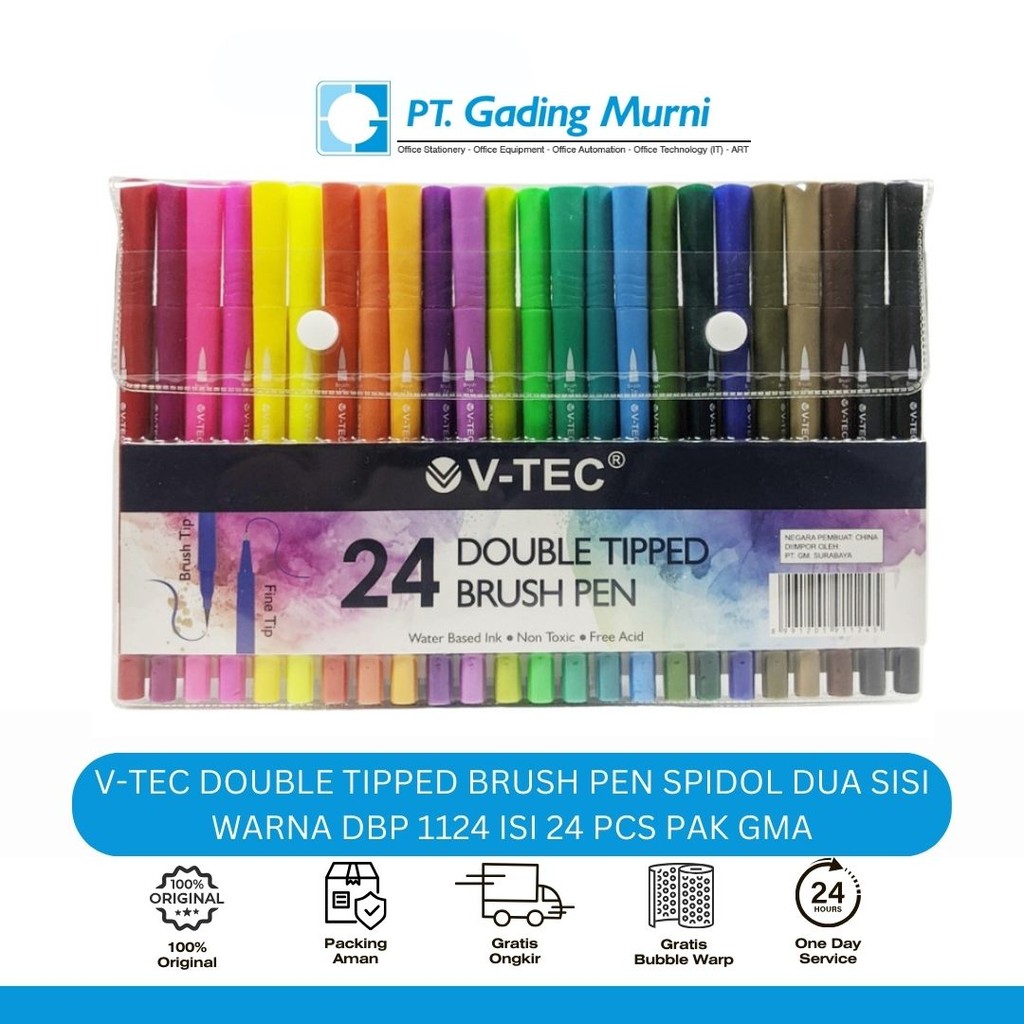 

V-TEC DOUBLE TIPPED BRUSH PEN SPIDOL DUA SISI WARNA DBP 1124 ISI 24 PCS PAK GMA