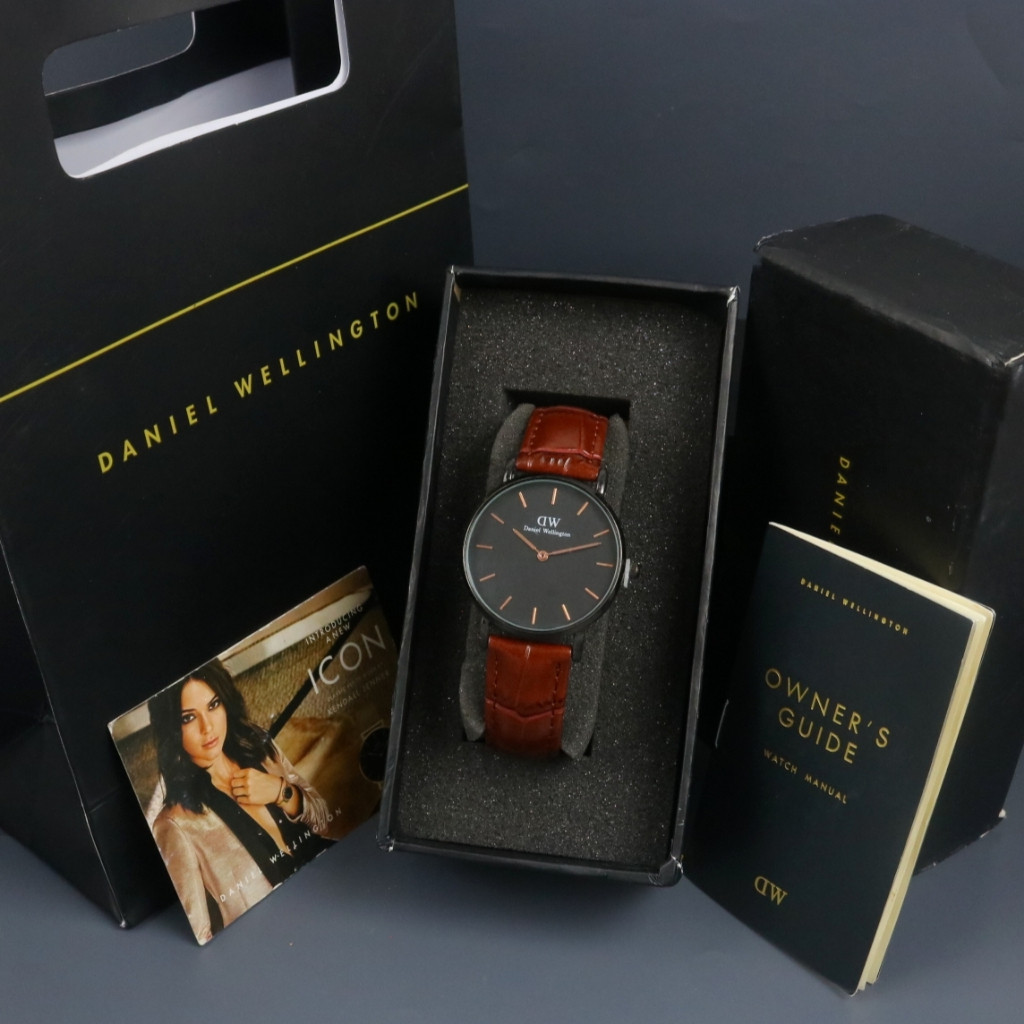 (PROMO) Jam Tangan Wanita DW ICON PAKET Kulit Leather Full Set Free Box & Paper Bag + Batrai Analog 