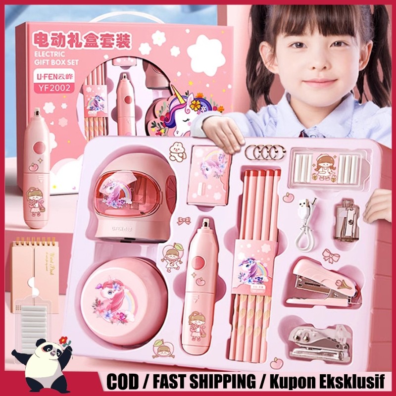 

New 11 In 1 Electric Stationery Set / Set Alat Tulis /Elektrik Rautan Penghapus Vacuum Pensil /Anak Alat Perkakas Belajar Anak Perempuan KadoPremium