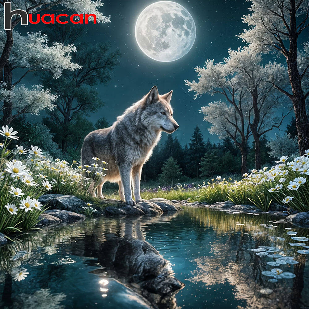 

Huacan 5D DIY Wolf Diamond Painting Full Reflection By The Lake Complete Kit Moon Diamond Embroidery Home Decor