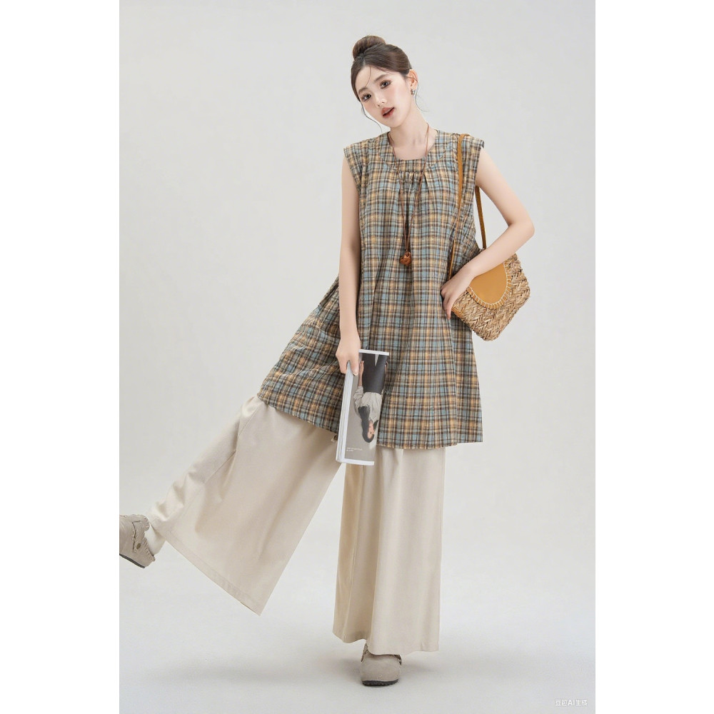 FADFAD | Setelan Wanita Retro | Gaun Rompi + Celana Kaki Lebar | Bahan Katun & Polyester Nyaman | Wa