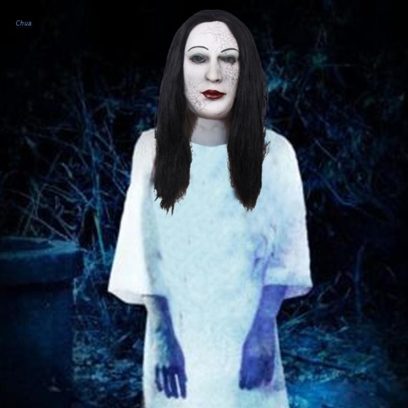 Topeng Hantu Wanita Rambut Panjang halloween latex