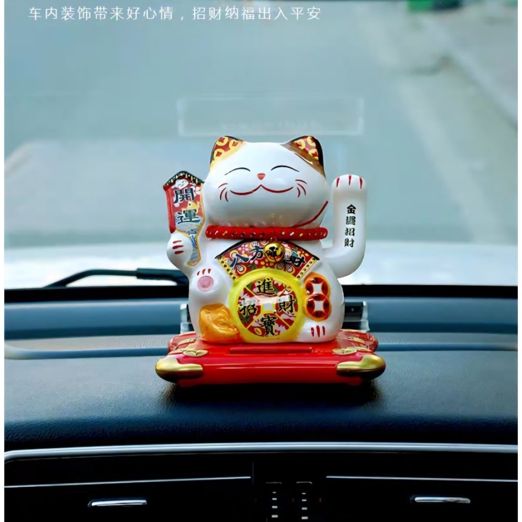 Lucky Cat Keramik, patung kucing keberuntungan, kucing hoki, hiasan dashboard mobil solar, kucing so