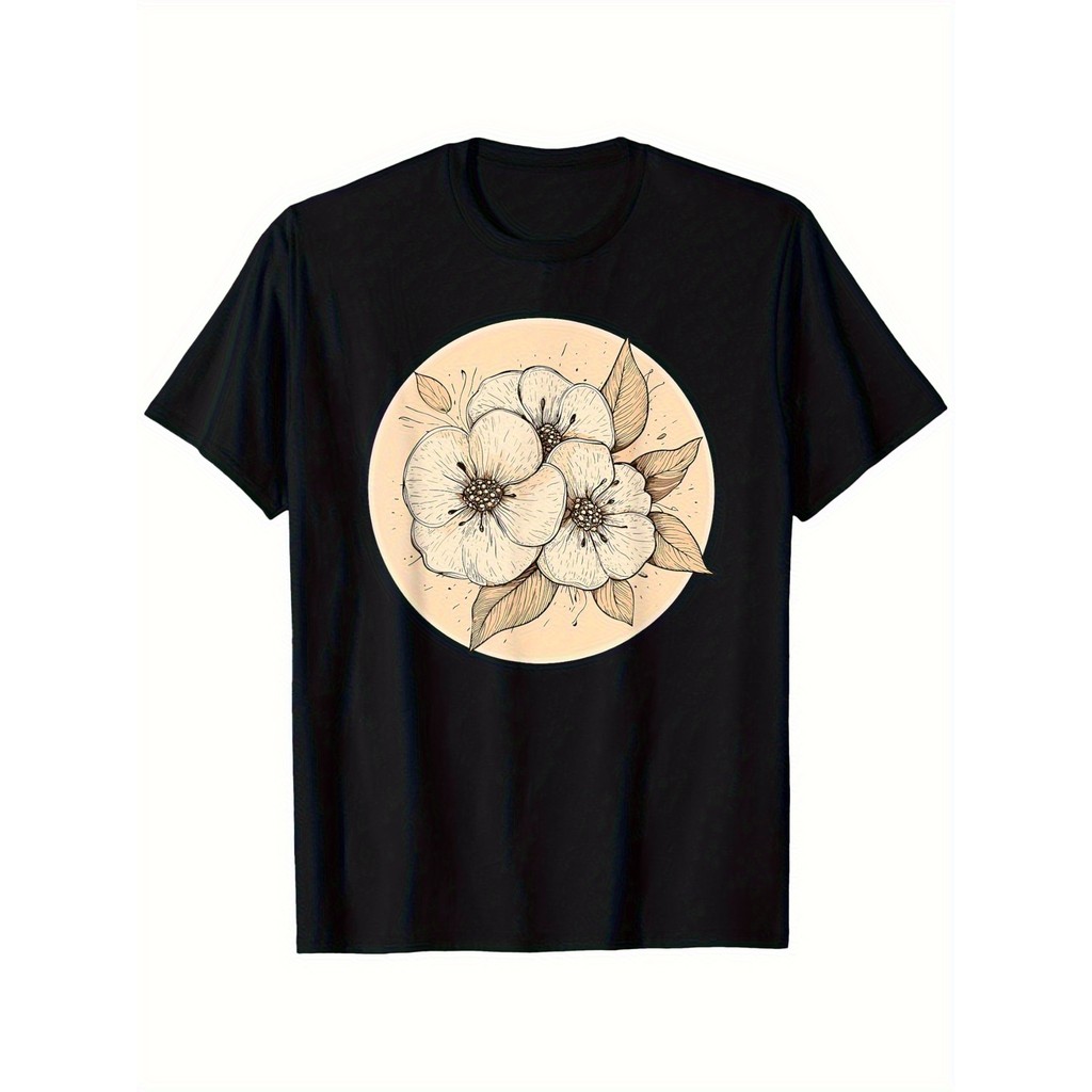 Kaos Pria Bunga Lukis Tangan Katun 100% Lengan Pendek