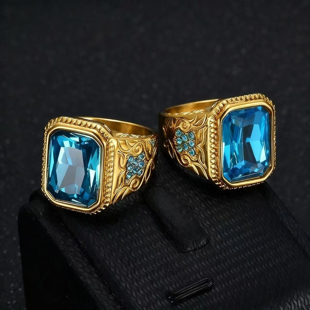 Cincin Pria Emas Aquamarine Berlian Kristal Titanium Baja Totem Vintage Mewah Keren Fashion Perhiasa
