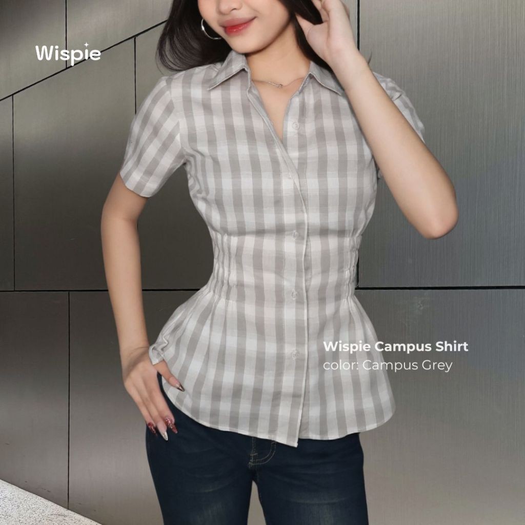 XALISHOP Wispie Campus Shirt | Kemeja Kotak Lengan Pendek Wanita Fitted Slim Fit Blouse Karet