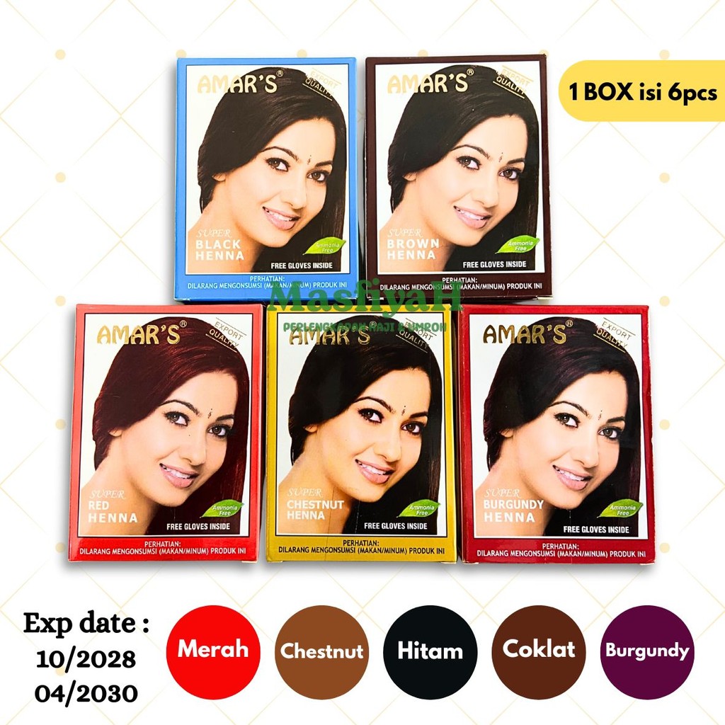 (1BOX/6PCS) AMAR'S HENNA RAMBUT HALAL HERBAL ALAMI PEWARNA RAMBUT ALAMI CAT RAMBUT HALAL AMARS HENA 