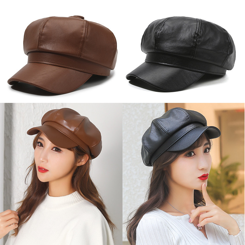 Machinegard Topi Baret Wanita Kekinian Korean Style Newsboy Cap Bahan Kulit Imitasi Polos Baret Hat
