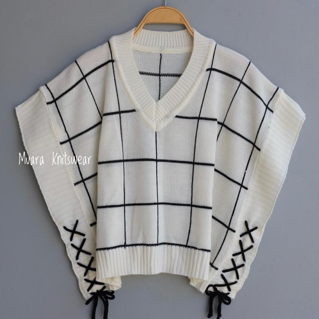 HUNTEDMANE MUARA KNITSWEAR VEST ROMPI RAJUT MOTIF KOTAK KOTAK TALI SAMPING WANITA
