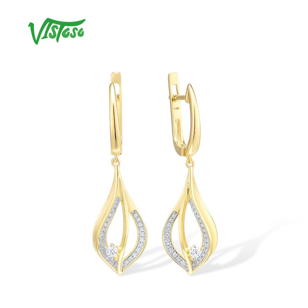 VISTOSO Gold Earrings For Women Pure 14K 585 Yellow Gold Sparkling Diamond Dangling Earrings Geometr