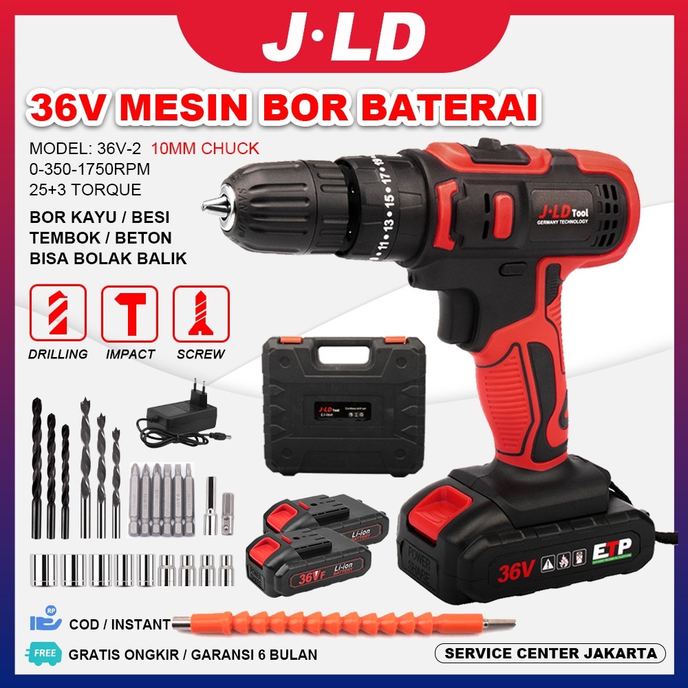 JLD 36vf Mesin Bor Baterai Tangan Cordless Drill impek baterai komplit 10mm bor beton/kayu/dinding/t