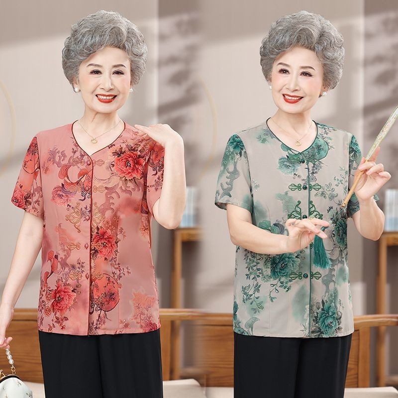 Nenek musim panas orang tua baju lengan pendek pakaian wanita tua pakaian ibu kemeja angin cina