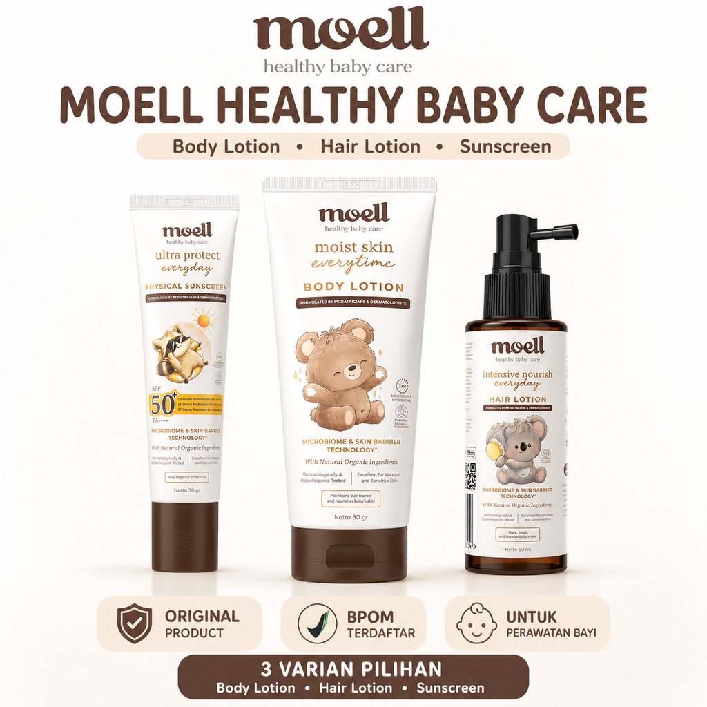 Moell Sunscreen Bayi SPF50+ 30gr | Body Lotion Bayi 80gr | Hair Lotion Bayi 50ml Original