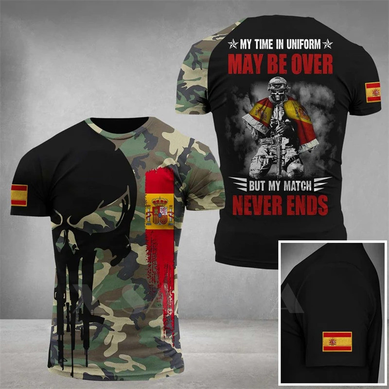 Kaos kamuflase Spanyol untuk pria Kaos cepat kering dengan cetakan emblem 3D Spanyol Kaos berlengan 