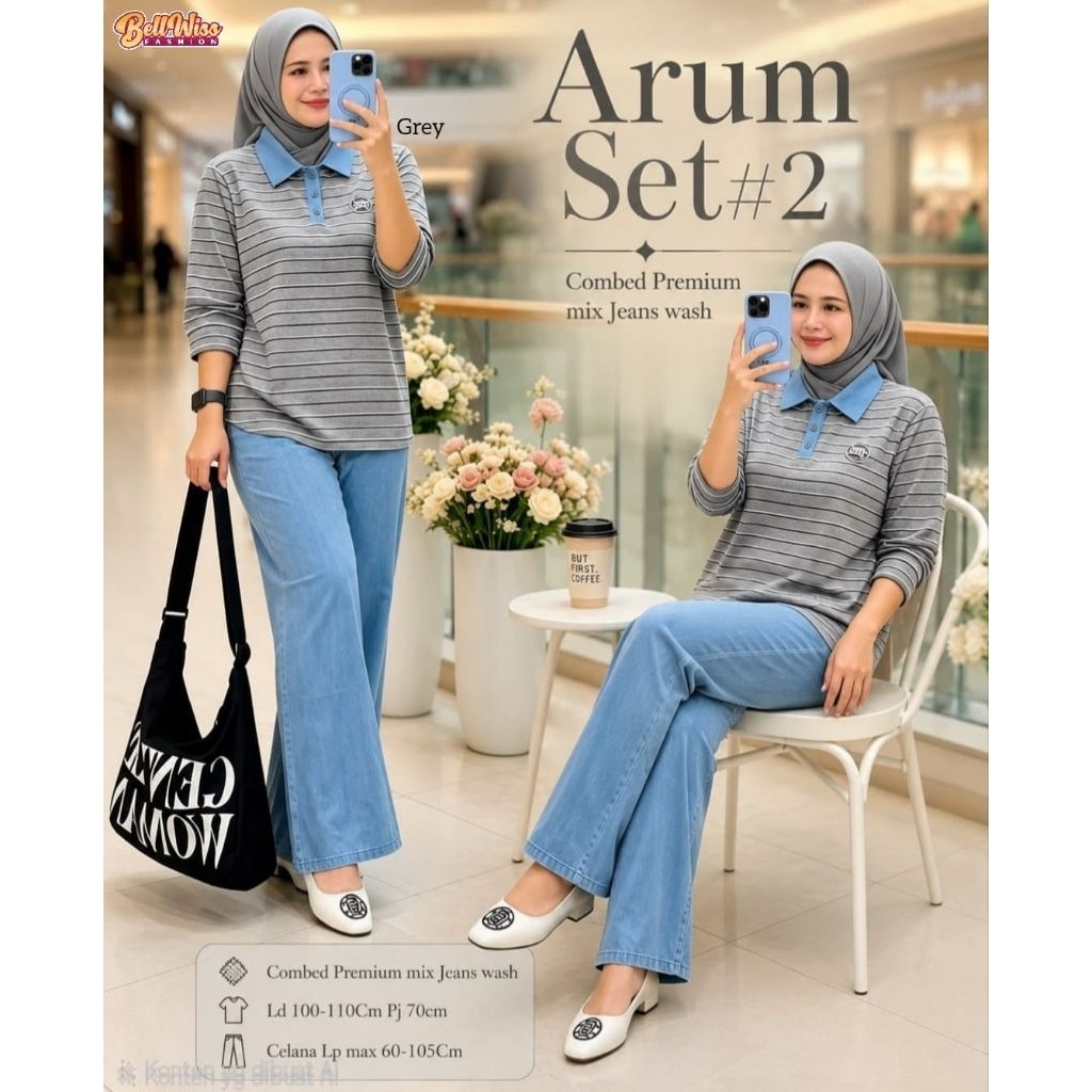 Arum Set Atasan Combed & Celana Jeans Casual Wanita Trendy 2026 / Setelan Wanita Casual Terbaru 2026