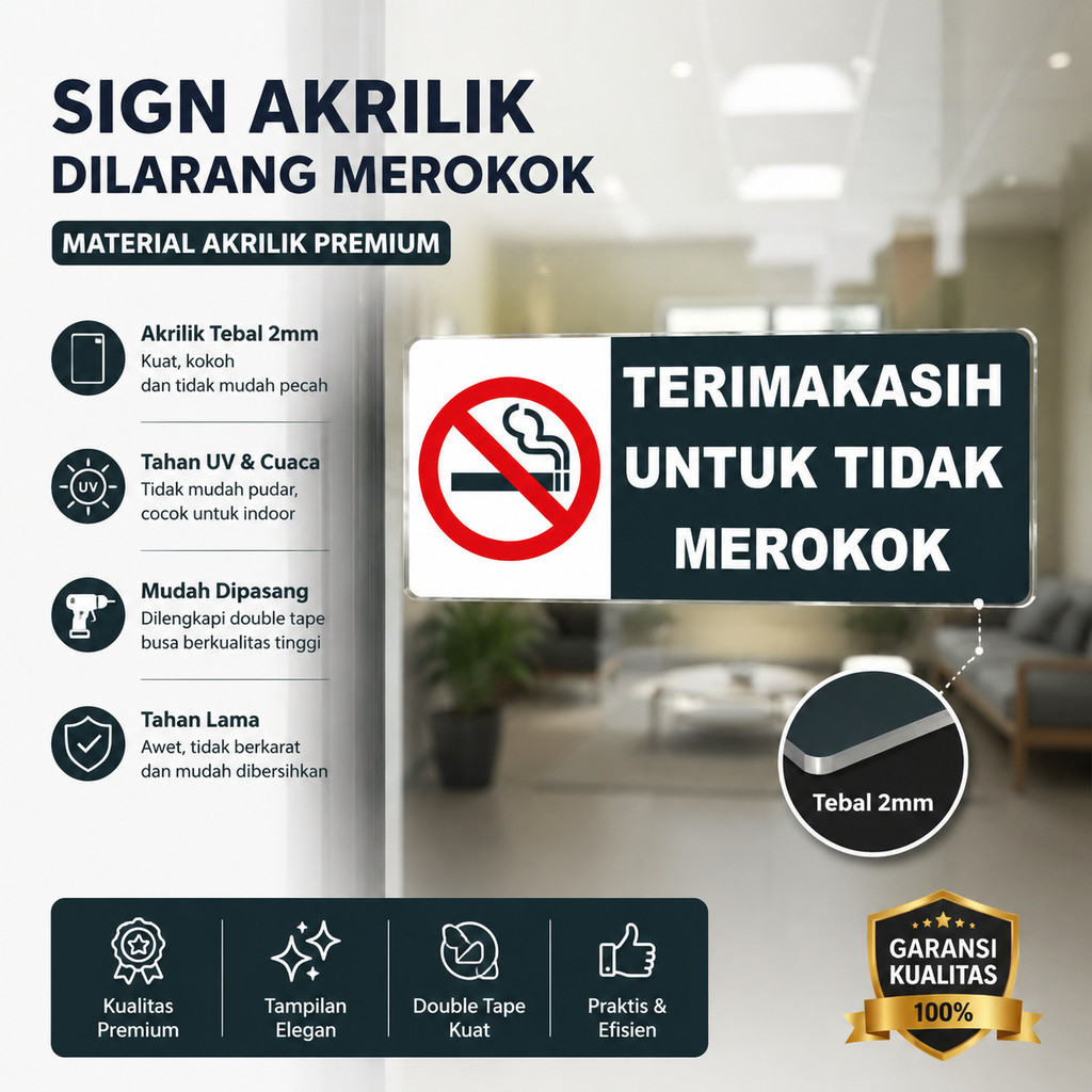 LA Papan Akrilik Kawasan Tanpa Rokok | Akrilik Terimakasih Untuk Tidak Merokok UK 22cm