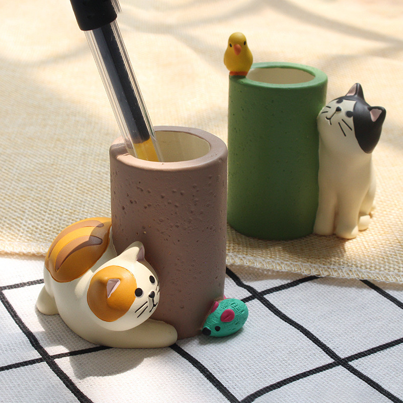 Cute Cat Catching Mice Pen Holder Stationery Storage Office Gadgets Pencil Holder Pen Stand Pen Orga