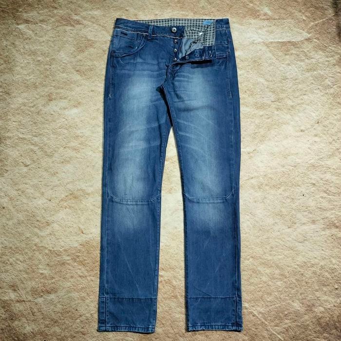 celana bikers riding vintage JACK & JONES celana jeans fading panjang blue denim double knee size 36
