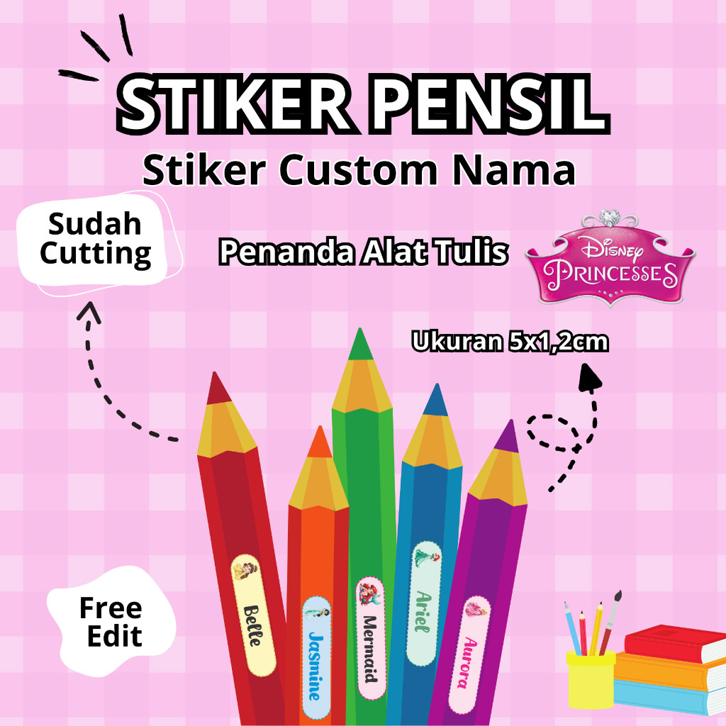 

Stiker Pensil Custom Nama Tema Princess Disney | Stiker Penanda Alat Tulis 1 Lembar A3 Cutting