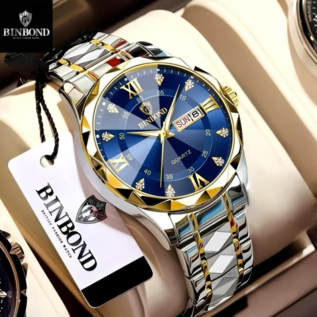BINBOND Jam Tangan Pria Original 100% Stainless Steel Anti Air Kalender Mewah Kasual Watch Men COD