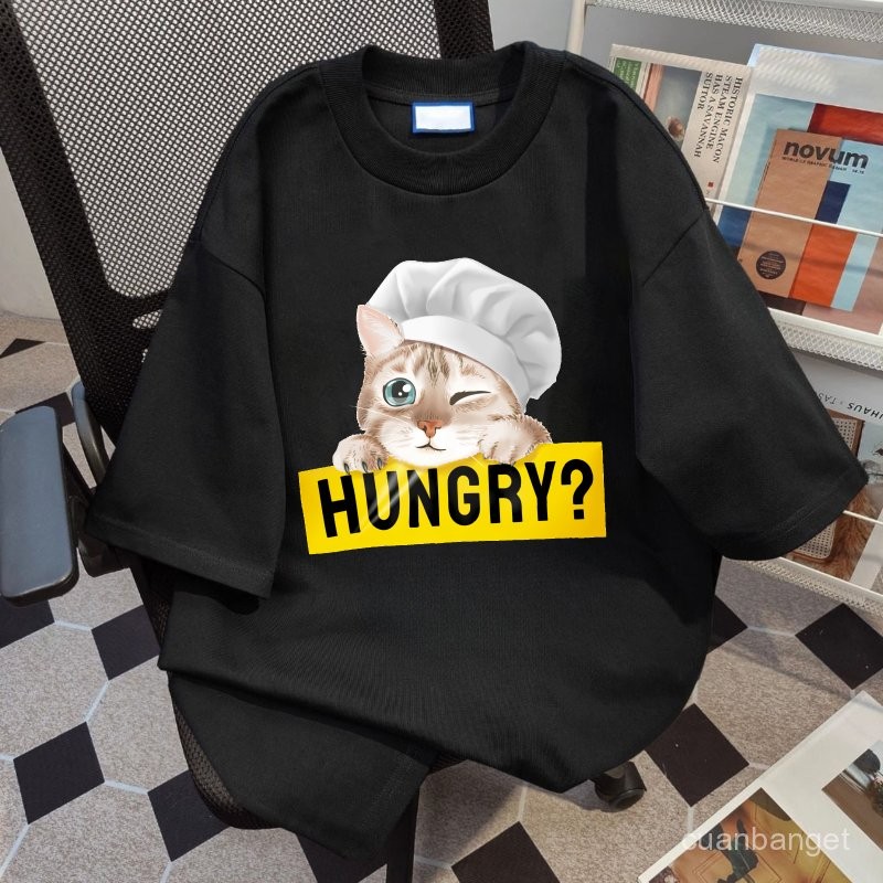 Kaos bermotif hitam putih untuk pria dan wanita Koki Kucing Lapar 100% katun   Fashion korean style 