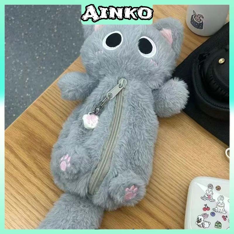 New Tas Pensil Kucing Lucu Korea Kotak Pensil Boneka Mewah Tas Alat Tulis Berkapasitas Besar Tas Pen