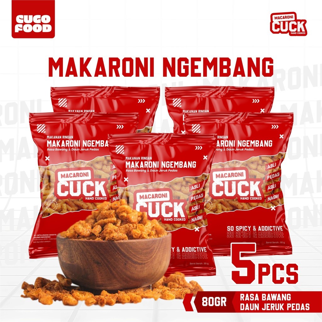 

Makaroni Ngembang Daun Jeruk 5 pcs x 80 Gram Kemasan Reguler Snack Cemilan Pedas Asin Keripik Cugo Food