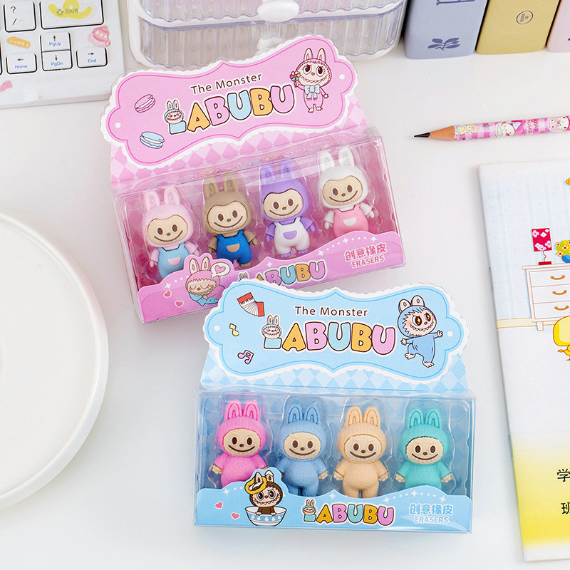 

-JOJU- HAPUS KESALAHANMU DENGAN SENTUHAN MANIS KARTUN LABUBU / PENGHAPUS MOTIF KARTUN LABUBU 1 SET ISI 4 PCS / PENGHAPUS BOX MIKA BENING